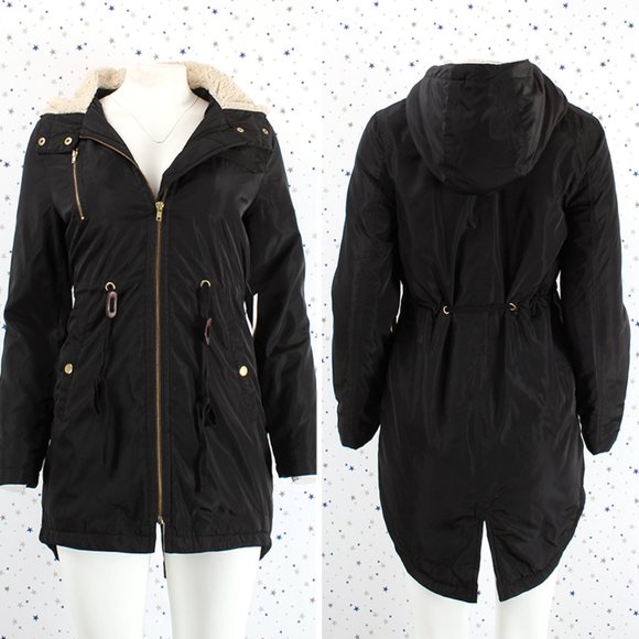 Fur Lined Hood Long Padded Zip Up Jacket Black - Picture 1 of 9